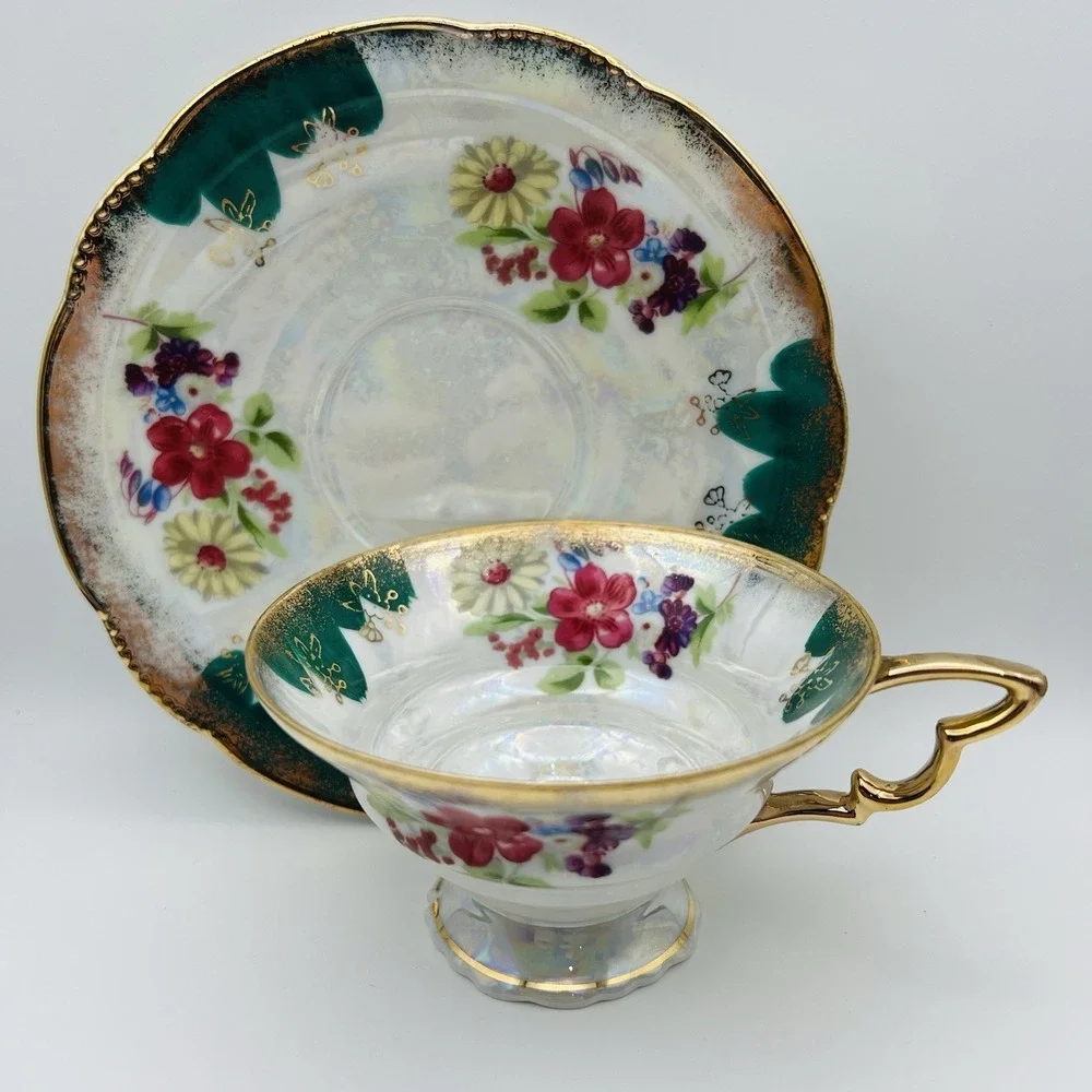 Trimont Ware Japan Pedestal Teacup Saucer Floral Gold Gilt Luster Vintage Tea Se